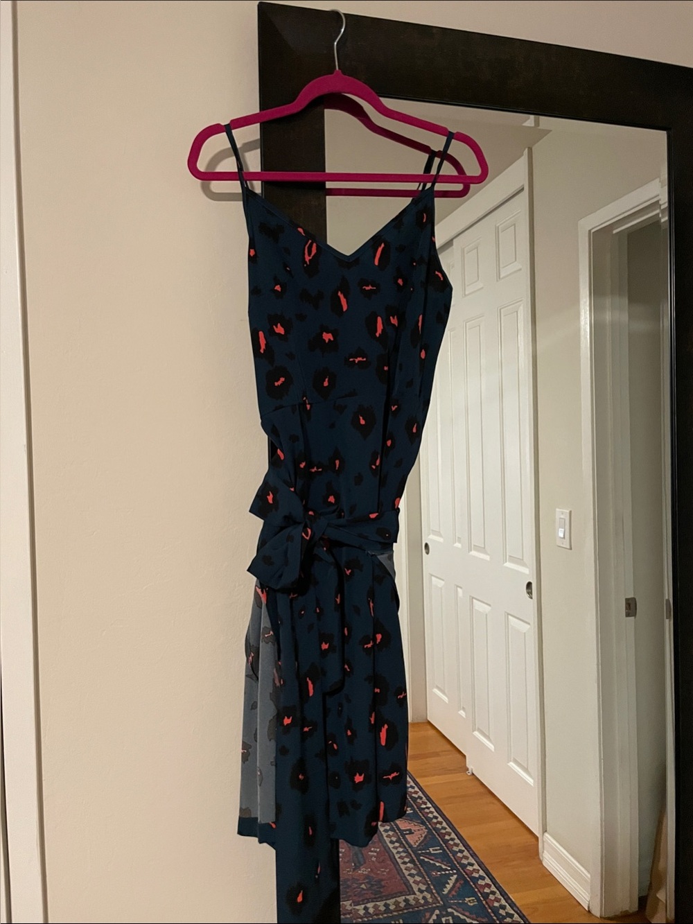 Dark Green/Blue Midi Slip Dress with Hot pink leopard 🐆 Print and Tie Waist wrap